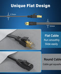 Cat 8 Shielded Ethernet Cable 50 Ft Nylon Braided High Speed Patch Cord For Indoor And Outdoor Use 40 Gbps 2000 MHz SFTP RJ45 Flat Internet Cable For Modem Router Gaming PC showing flat and round cable design differences