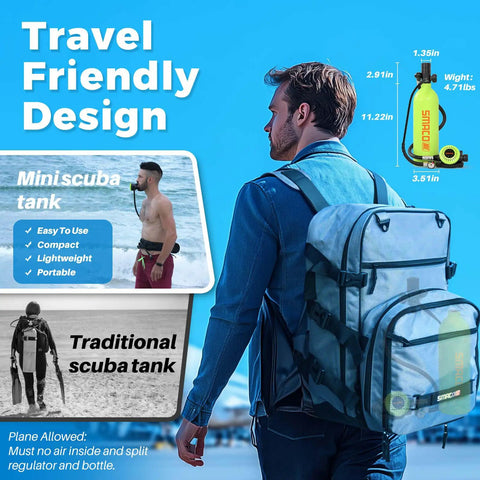 Man carrying 1L Mini Scuba Tank Portable Diving Cylinder For Underwater Breathing, compact for travel with backpack feature.