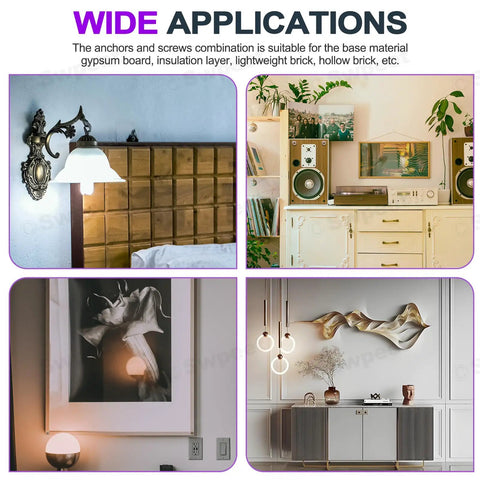 Four images showing drywall anchor applications for lamps, shelves, and art; DIY 201-Piece Drywall Self-Drilling Anchors And Screws Kit.
