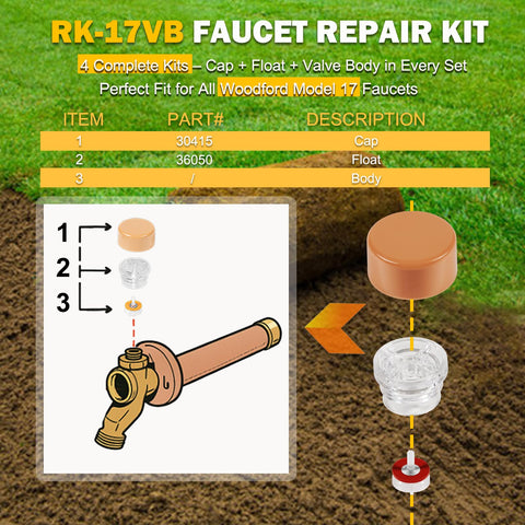 Diagram of Top-Quality Vacuum Breaker Float Kit for Woodford Model 17 Wall Faucets, showing cap, body, and float parts.