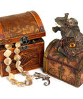 Two antique wooden jewelry boxes with ornate designs, one open showing a pearl necklace, featuring retro bronze box hinges and latches.