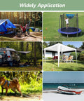 Collage showing 30 Inch Ground Anchor Set Heavy Duty Earth Anchors Screw In Kit used for tents, trampolines, canopies, and pet leashes