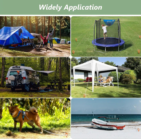 Collage showing 30 Inch Ground Anchor Set Heavy Duty Earth Anchors Screw In Kit used for tents, trampolines, canopies, and pet leashes