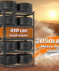 Two Pack Beefy 5 Tier Storage Shelves For Garage And Home, Industrial Grade Steel Shelving With Up To 2000 Lbs Per Shelf, 11.8 Inch Deep, 27.6 Inch Wide, 60 Inch High, Easy Assembly, Ideal For Workshop, Pantry, Basement, Closet. 5-tier steel rack holding tires