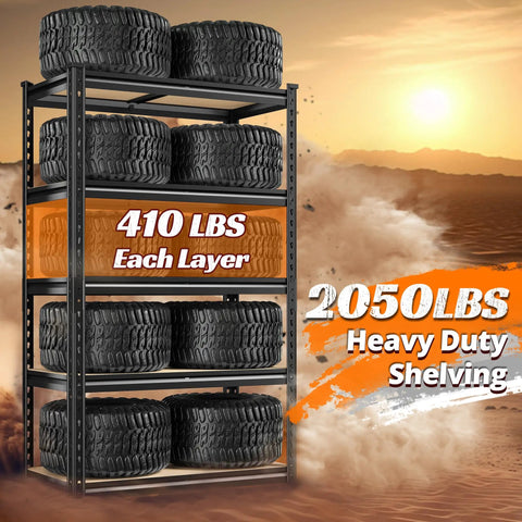 Two Pack Beefy 5 Tier Storage Shelves For Garage And Home, Industrial Grade Steel Shelving With Up To 2000 Lbs Per Shelf, 11.8 Inch Deep, 27.6 Inch Wide, 60 Inch High, Easy Assembly, Ideal For Workshop, Pantry, Basement, Closet. 5-tier steel rack holding tires