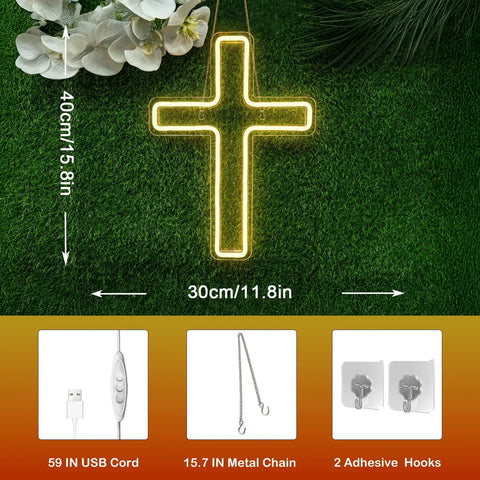 Lit Cross LED Neon Sign for Wall Decor USB Powered Glow Light for Bedroom and Kids Party Christian Wall Sign with Easy Mount