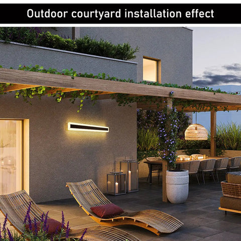 Slick Two Pack 23.6 Inch Outdoor Modern LED Wall Light Set 18W Waterproof IP65 installed in courtyard with wooden pergola