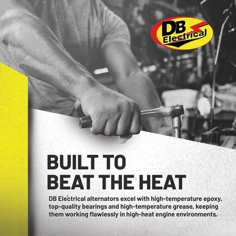 Mechanic working with tools, DB Electrical logo, Built to Beat the Heat text, promoting Alternator Replacement For Mercruiser 350 Mag MPI Gen Plus Horizon 454 Mag MPI Horizon Gen VI 5.7L EFI Direct Fit Marine High Output Power Charging System.