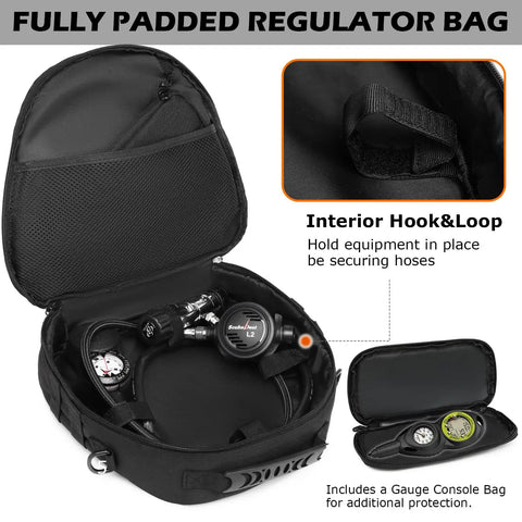 Padded Scuba Regulator Bag With 7mm Foam Padding, Shockproof Nylon Dive Gear Case with open view showing compartments.