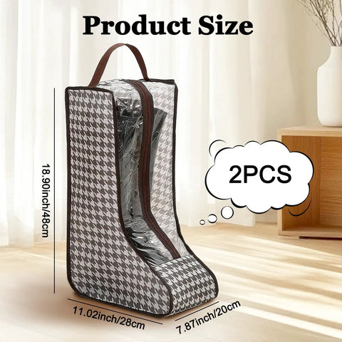 2 Pack Portable Boot Storage Organizer Bags For Tall Boots, Dustproof Waterproof Travel Shoe Bags, Brown Cowboy Boot Bags For Travel And Daily Use, Lightweight And Durable Boot Bags Keep Boots Clean And Organized shown from side with size dimensions.