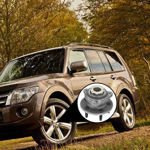 Car parked in forest with circular inset showing Front Wheel Hub Bearing Assembly for Ford Ranger and Mazda B4000 1998-2000 Front Disc Rear Drum 2-Wheel ABS, Also Fits Mazda 1998-2000 B3000 FWD, Drop-In Exact Fit, OE-Quality Replacement.