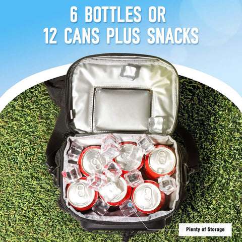 Top Shelf Insulated Golf Cart Cooler Bag Keeps Twelve Cans Bone Cold All Day With Leakproof Build And Heavy Duty Zippers showing drinks and ice.