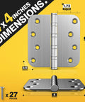Built Tough Heavy Duty Ball Bearing Door Hinges 4X4 Inches Solid Stainless Steel with dimensions for installation guide.