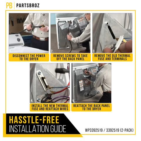 Installation guide for 2 Pack Dryer Thermal Fuse Replacement For Whirlpool Kenmore KitchenAid Maytag G4AP0500 TF091C Compatible