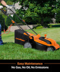 Person using Corded Electric Lawn Mower With 14 Inch Cutting Width And 11 Amp Power For Quick Yard Work No Gas Or Batteries Needed