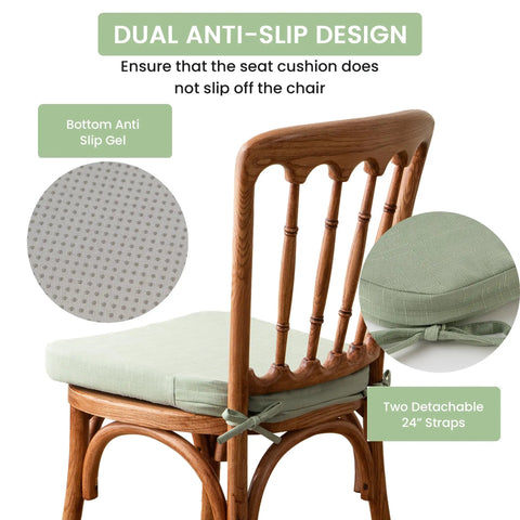 Comfy Cozy Dining Chair Cushions Set Of 4 With Ties For Indoor And Outdoor Use Non Slip Backing Machine Washable Removable Covers 16 By 16 By 2 Inches Sage Green Seat Pads For Extra Comfort And Tailbone Support in use on chair showing ties and non-slip backing