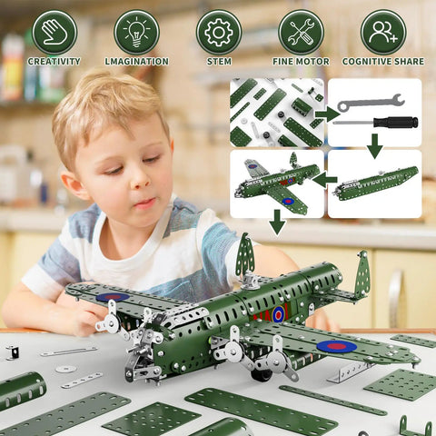 Child assembling STEM Airplane Building Kit With 389 Pieces For Kids Ages 8 To 12 Learn To Assemble A Realistic Model Plane