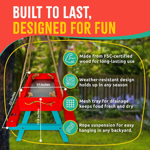 Picnic Table Bird Feeder Kit for DIY Family Fun with ropes, mesh tray, FSC-certified New Zealand pine, backyard use.