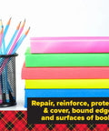 Stack of colorful books next to a pencil holder, highlighting Clear Book Tape 1.5 Inch By 540 Inch One Roll For Super Handy Repairs.