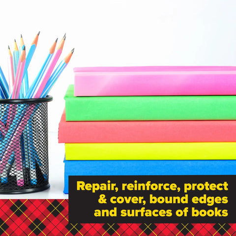 Clear Book Tape 3 Inch By 540 Inch, Heavy Duty Permanent Adhesive on colorful books and pencils in a holder