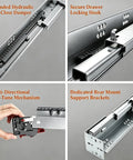 Top Shelf Soft Close Undermount Drawer Slides With Full Extension Runners For Kitchen Cabinets showing hydraulic damper, locking hook, fine-tune mechanism.