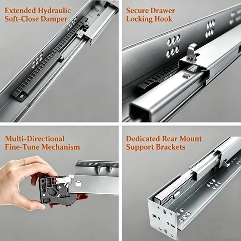 Top Shelf Soft Close Undermount Drawer Slides With Full Extension Runners For Kitchen Cabinets showing hydraulic damper, locking hook, fine-tune mechanism.