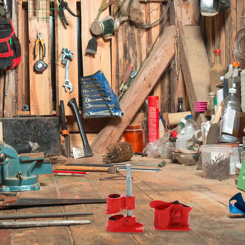 Lightweight One Half Inch Quick Release Pipe Clamp For Woodworking Red Carpenter Clamp For Gluing And Assembly on workbench