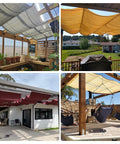 Four different setups of 7 Ft W X 16 Ft L Retractable Pergola Shade Cover for Outdoor Patio Waterproof Canopy Replacement with Slide On Wire Cable Light Grey 240GSM Fabric UV Protection Easy Adjustment Deck Gazebo Backyard Shade in various colors.