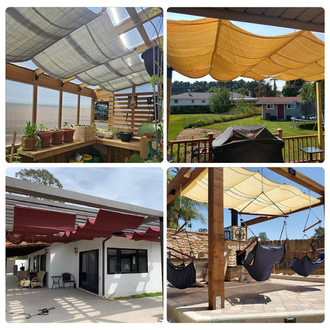 Four different setups of 7 Ft W X 16 Ft L Retractable Pergola Shade Cover for Outdoor Patio Waterproof Canopy Replacement with Slide On Wire Cable Light Grey 240GSM Fabric UV Protection Easy Adjustment Deck Gazebo Backyard Shade in various colors.