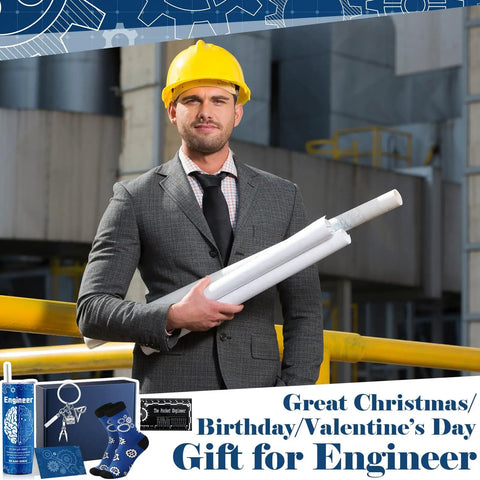 Engineer in yellow hard hat holding blueprints, promoting Six Piece Engineering Graduation Gift Set For Men Including Stainless Tumbler Cup, Engineering Ruler, Engineer Socks, Keychain, Greeting Card, And Gift Box Great For Mechanical Engineering Students, Retirement Or Graduation Day with gift items image inserted.