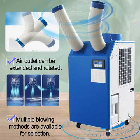 Heavy Duty Rolling Industrial Spot Cooler With 14L Reservoir And Adjustable Vents, showing dual air outlets and control panel.