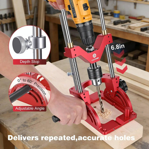 Using Portable Drill Guide For Mad Precise Angled And Straight Holes From Zero To Sixty Degrees, drill jig on wood piece.