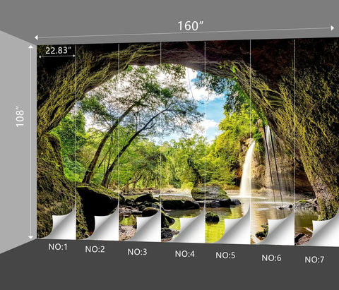 Epic Forest Landscape Wall Mural With Waterfall And Jungle Scene For Living Room And Bedroom, 160 By 108 Inch Fabric Wall Art Divided Into 7 Panels, Not Peel And Stick, Adhesive Required For Installation outdoor view