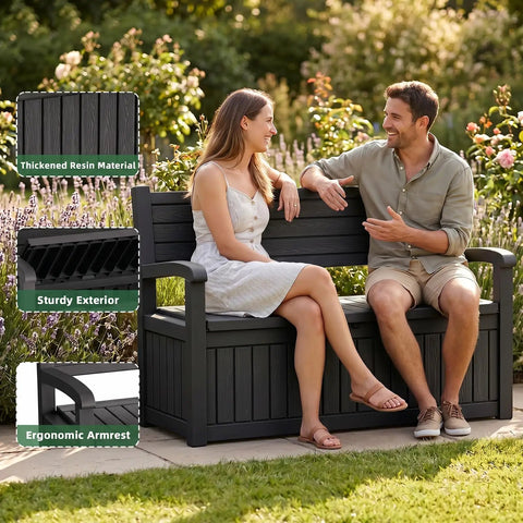 80 Gallon Outdoor Storage Bench Deck Box Waterproof Resin Lockable UV Resistant Garden Furniture For Porch Patio Poolside