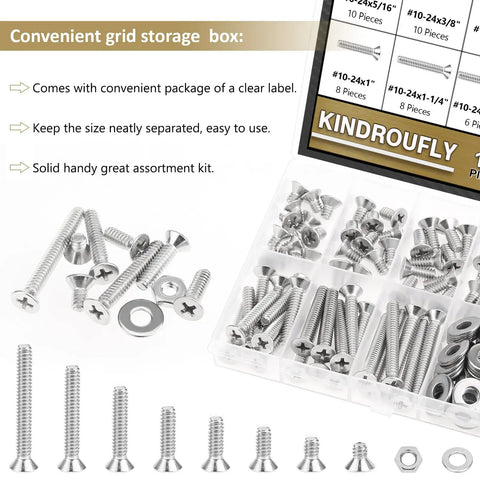 Badass 142 Piece Stainless Steel Screw Assortment Kit With Phillips Countersunk Head Machine Screws Matching Hex Nuts And Flat Washers Built Tough For Any Garage Upgrade On A Dime Today in organized storage box.
