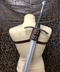 Old School Medieval Leather Back Sword Frog Holster For Renaissance Viking Warrior Costumes on mannequin with prop sword