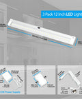 Hand Wave Activated Under Cabinet LED Lighting Kit with 12-in bar size, 3-bar set showing dimensions and components.