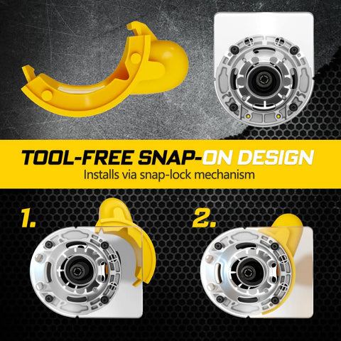 Dust Extraction Hose Adapter For 27mm Hose With Tool Free Snap On Design Vacuum Port Fits 34.8mm Inner And 40.8mm Outer Easy Clamp On Router Dust Collector Attachment For DCW600 And Festool 27mm Hose, showing tool-free snap-on mechanism in yellow with sequential installation steps.