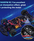 Beefy Twin RC Car Motor Cooling Fans With Metal Cover Heatsink installed on 1/8 scale brushless motor, showing wiring and heatsink.