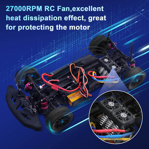 Beefy Twin RC Car Motor Cooling Fans With Metal Cover Heatsink installed on 1/8 scale brushless motor, showing wiring and heatsink.