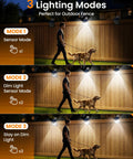 No Sweat Clip On Solar Lights Outdoor, 600 Lumens Motion Sensor Fence And Railing Spots in different lighting modes for outdoor use.