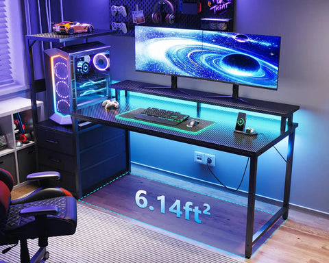 59 Inch Gaming Desk With LED Lighting, Reversible Computer Desk With Storage Shelves And Monitor Stand, Black Modern Gamer Table setup