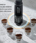 Hella Sharp 48Mm Conical Burr Electric Coffee Grinder With Stepless Knobs And Single Dose Catch Cup, showcasing ground coffee in clear cups.