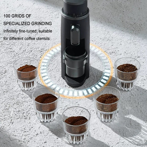 Fire Electric Coffee Grinder With Hella Precise Stepless Adjustment Rock Solid 48Mm Conical Burr, finely ground coffee displayed in cups.
