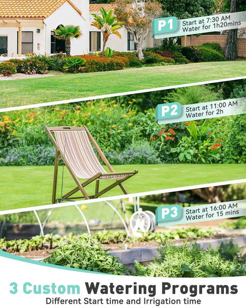 Illustration of lawns and gardens showing Three Program Garden Hose Sprinkler Timer With Brass Inlet Rugged Water Controller