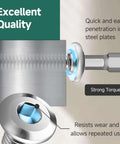 Close-up of 110 Piece Size Ten Stainless Steel Self Tapping Screws Kit with hex socket drive, showing penetration into steel and torque strength.