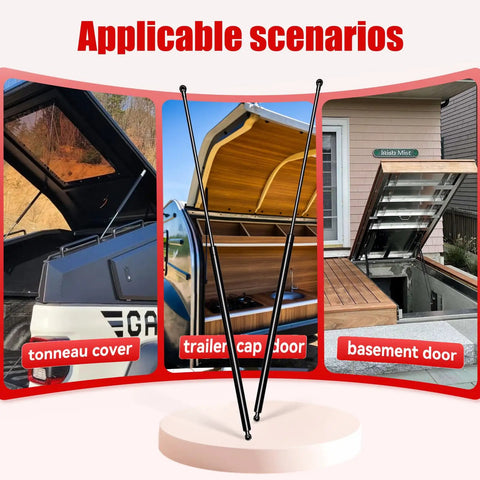 24 Inch Gas Struts Lift Supports 70 Lb Each, shown with tonneau cover, trailer cap door, and basement door applications