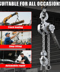 HUGOASIS mini lever hoist side view, 3/4 ton capacity, silver aluminum body with steel chain