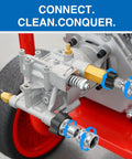 Installed pressure washer quick-connect kit on pump: M22 swivel to 3/8in, 3/4in to quick-release adapters.