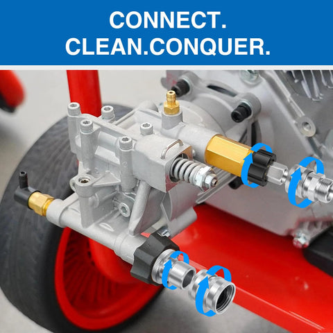 Installed pressure washer quick-connect kit on pump: M22 swivel to 3/8in, 3/4in to quick-release adapters.